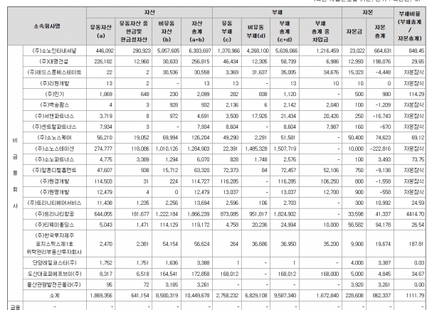 ▲대명소노그룹 계열사들의 재무상황