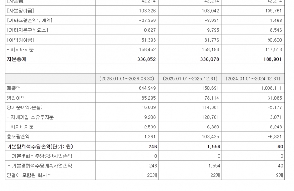 ▲웅진그룹 지주사 웅진의 올 상반기 연결 재무상태표및 손익계산서 일부