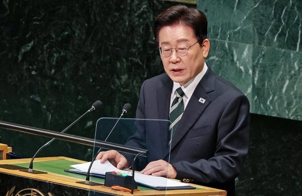 ▲이재명 대통령이 22일(현지시간) 미국 뉴욕 유엔본부 총회장에서 기조연설을 하고 있다. 뉴욕=연합뉴스