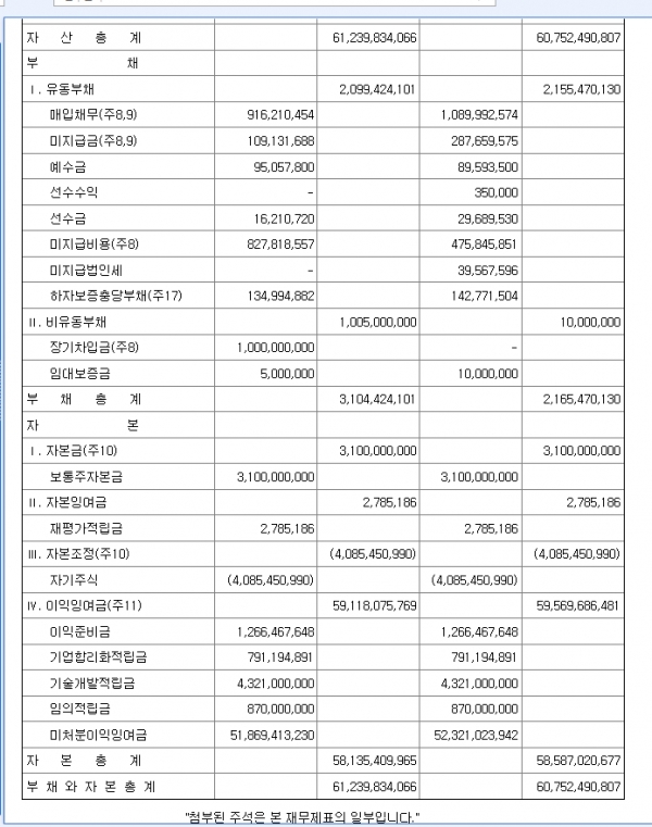 ▲케어라인 2025년 재무상태표